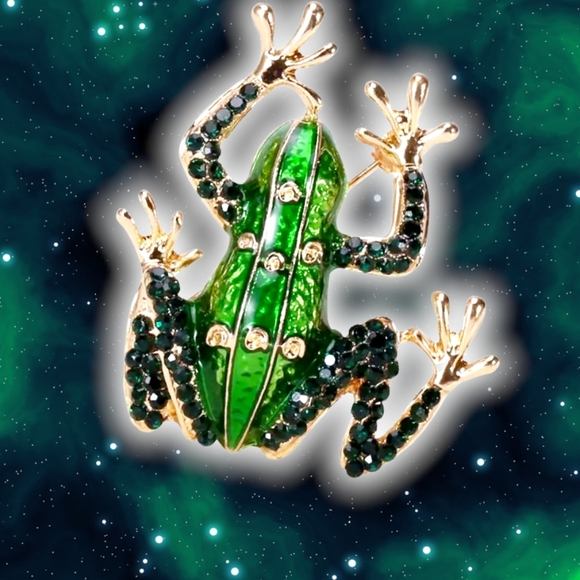 Gold plated green crystal frog necklace/brooch - Picture 13 of 15